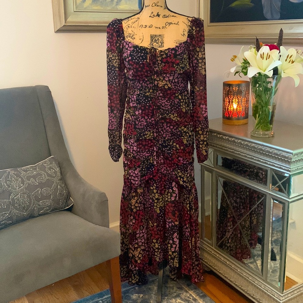 EUC ASTR the label designer floral dress maxi long sleeve black purple L M 8 10